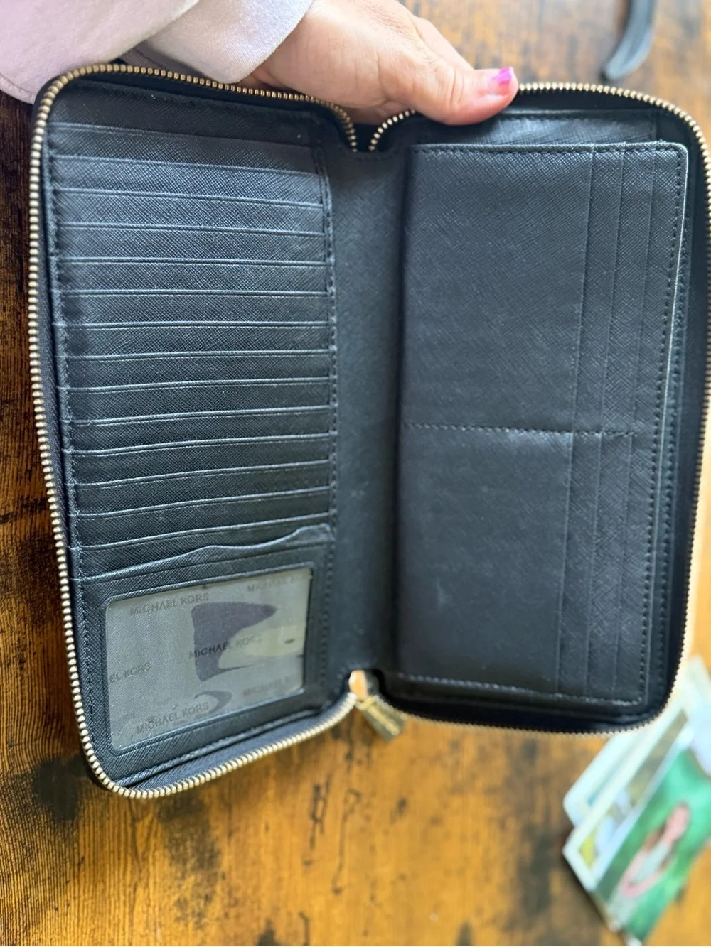 Michael Kors Black Saffiano Zip Wallet with Gold Logo